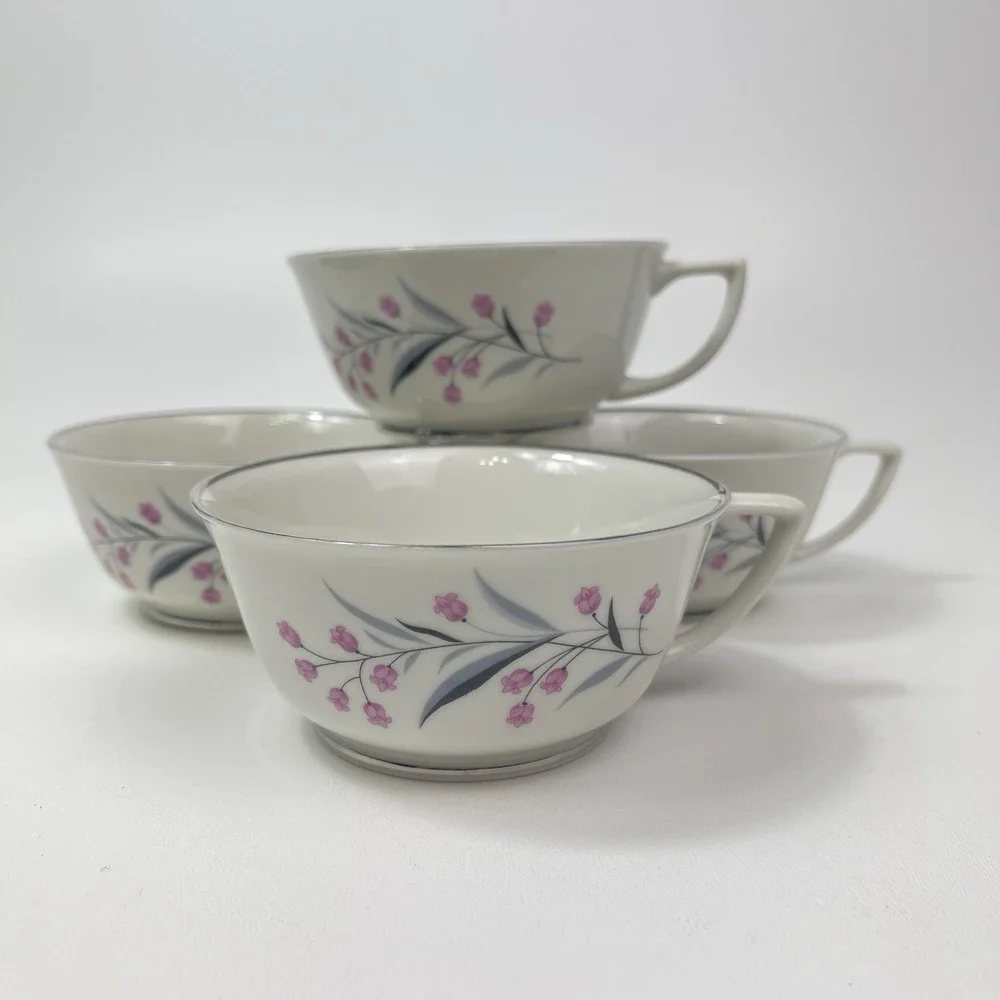Embassy USA China Tru Tone Footed Tea Cups Pink‎ Flowers Gray Platinum Rim